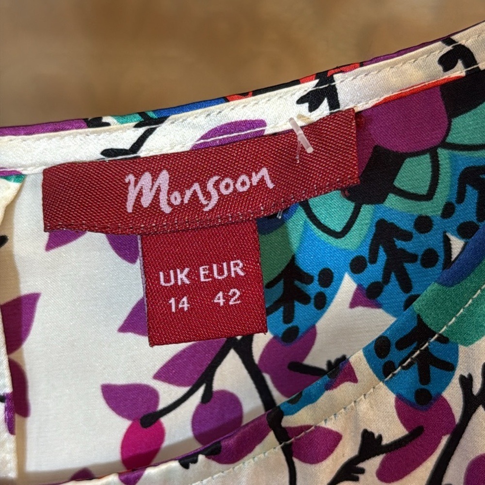 Monsoon 100% Silk Floral Print Shift Dress Pink Teal Cream US 10 UK 14 EUR 42 - Picture 3 of 7